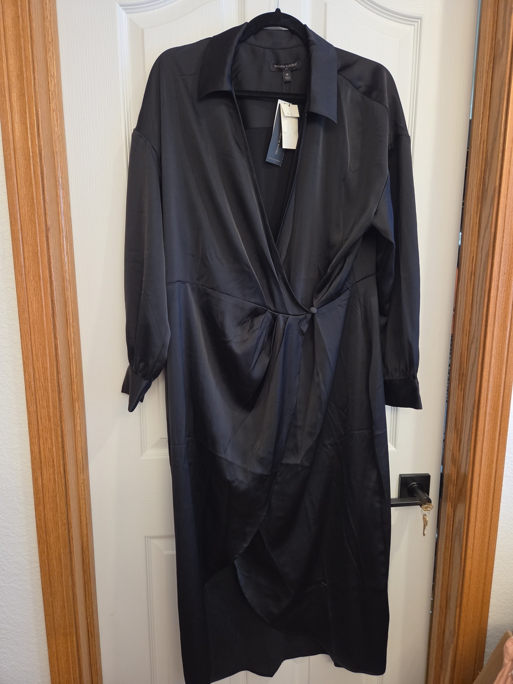 Banana Republic Black Satin Wrap Dress with Collar